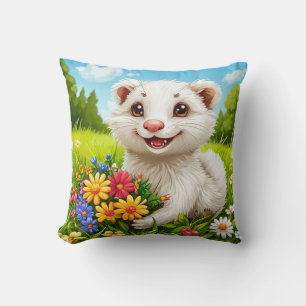 🐾 Cute White Ferret Floral Garden Decor 🌸 Cushion