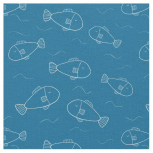 Cute White Fish Print on an Ocean Blue Fabric