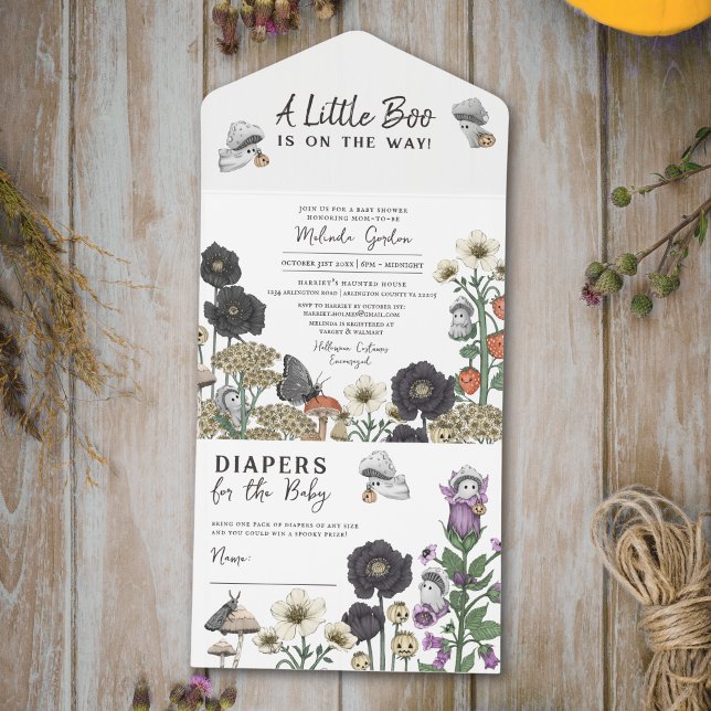 Cute White Floral Ghosts Halloween Baby Shower All In One Invitation (A Little Boo is on the way halloween baby shower all-in-one invitatios with diaper raffle card.)