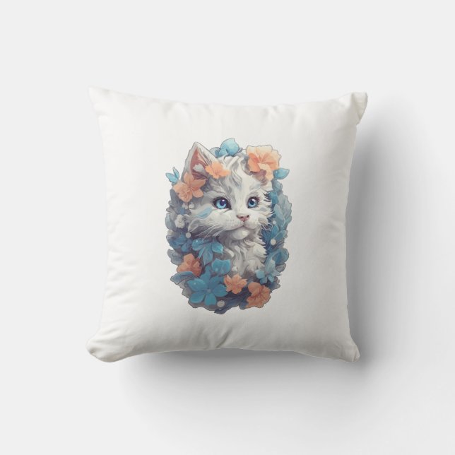 Cute White Floral Kitty Cat Cushion (Front)