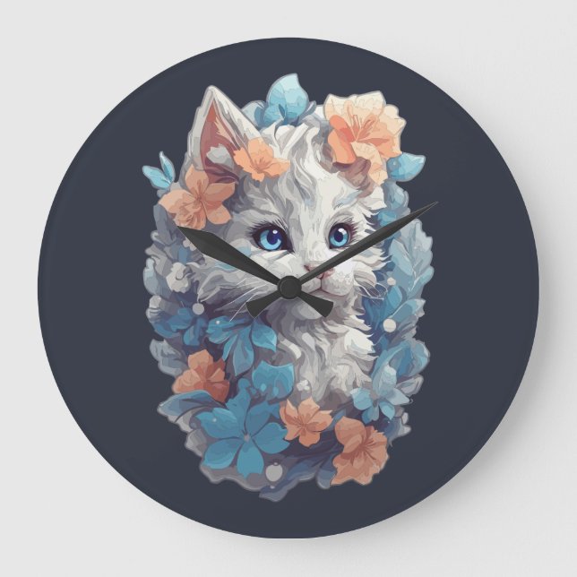 Cute White Floral Kitty Cat Large Clock (Front)