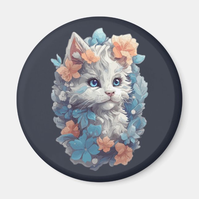 Cute White Floral Kitty Cat Magnet (Front)