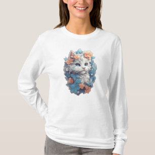 Cute White Floral Kitty Cat T-Shirt