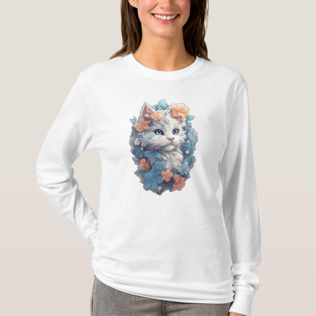 Cute White Floral Kitty Cat T-Shirt (Front)