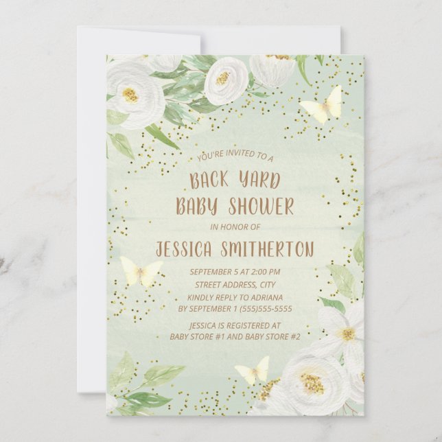 Cute White Flowers Green Backyard Baby Shower Invitation (Front)