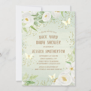 Cute White Flowers Green Backyard Baby Shower Invitation