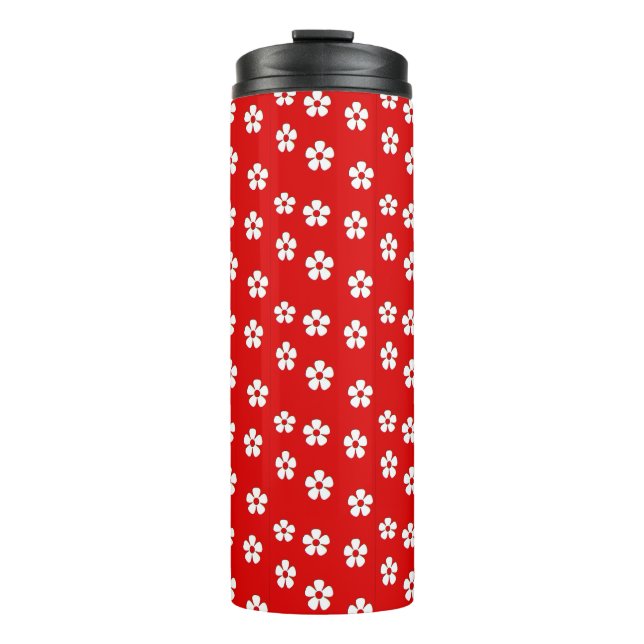 Cute white flowers on red thermal tumbler (Front)