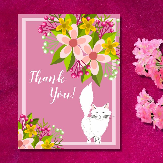 Cute White Fluffy Cat - Flowers on Pink Thank You Postcard (Creator Uploaded)