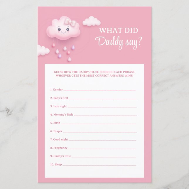 Cute white fluffy cloud 9 What Did Daddy Say game (Front)