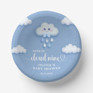 Cute white fluffy cloud nine pale blue baby shower paper plate
