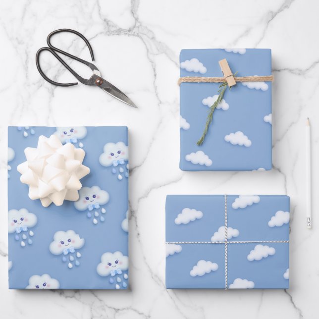 Cute white fluffy cloud nine pale blue boy baby wrapping paper sheet (Front)