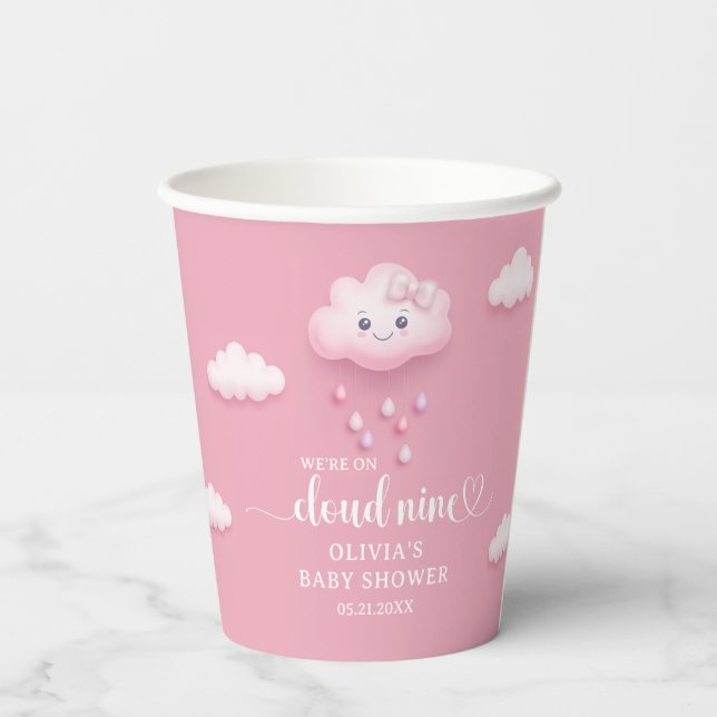 Cute white fluffy cloud pink sky girl baby shower paper cups (Back)
