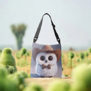 Cute white fluffy owl with a cowboy hat crossbody bag