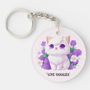 Cute White Fluffy Persian Cat with Morning Glory Key Ring