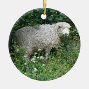 Cute White Fluffy Sheep Eating Ceramic Tree Decoration