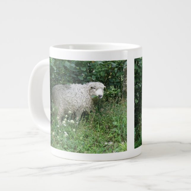 Cute White Fluffy Sheep Eating Mug (Front Left)