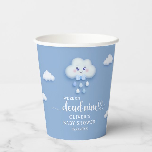 Cute white fluffy smiling cloud nine blue sky paper cups (Back)
