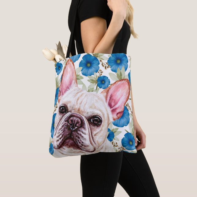 Cute White French Bulldog on Blue Flower Pattern Tote Bag (Close Up)