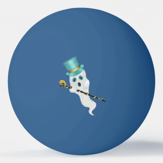 Cute White Ghost Blue Eyes Top Hat Cane With Skull Ping Pong Ball (Front)