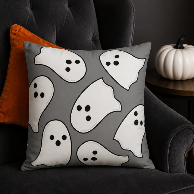 Cute White Ghost Pattern Grey Halloween Cushion (Creator Uploaded)