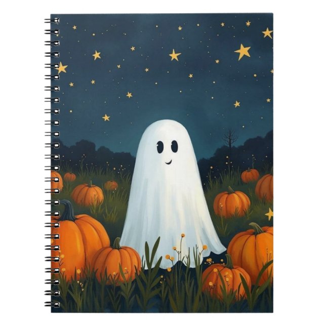 Cute White Ghost with Pumpkins Notebook (Front)