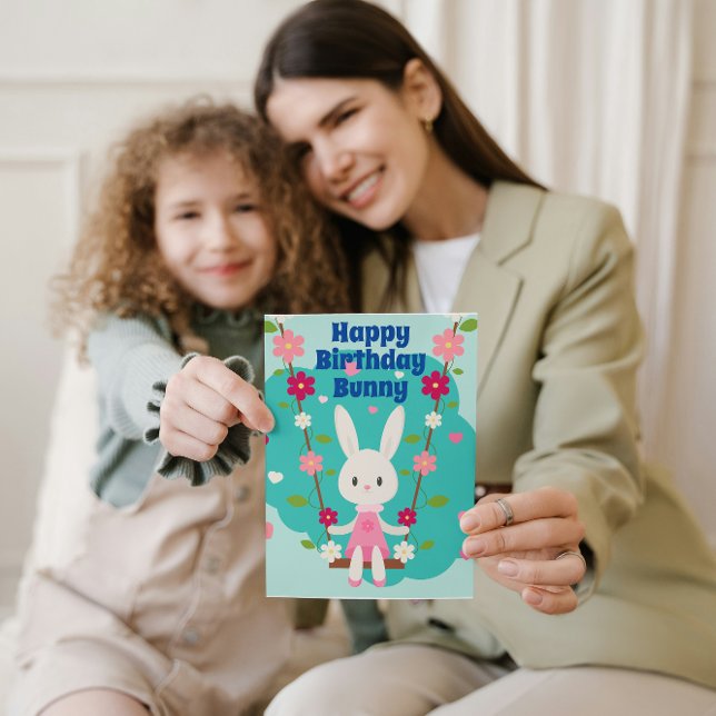 Cute white girl rabbit with daisies illustration card (Creator Uploaded)