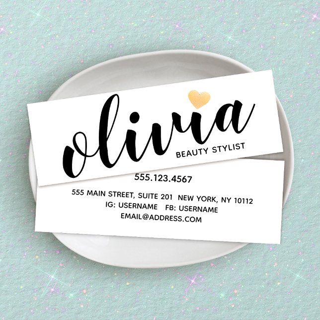Cute White Gold Heart Calligraphy Beauty Stylist B Mini Business Card (Creator Uploaded)