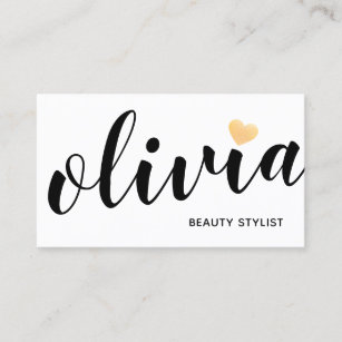 Cute White Gold Heart Calligraphy Beauty Stylist Business Card
