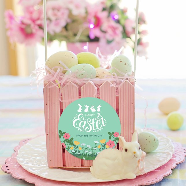 Cute White Green Spring Wildflower Happy Easter  Classic Round Sticker (Creator Uploaded)