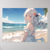 Cute white haired anime girl on the beach