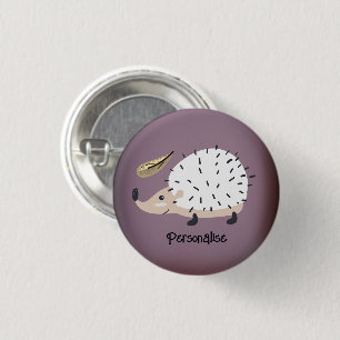 Cute White Hedgehog Personalised Purple Hat 3 Cm Round Badge