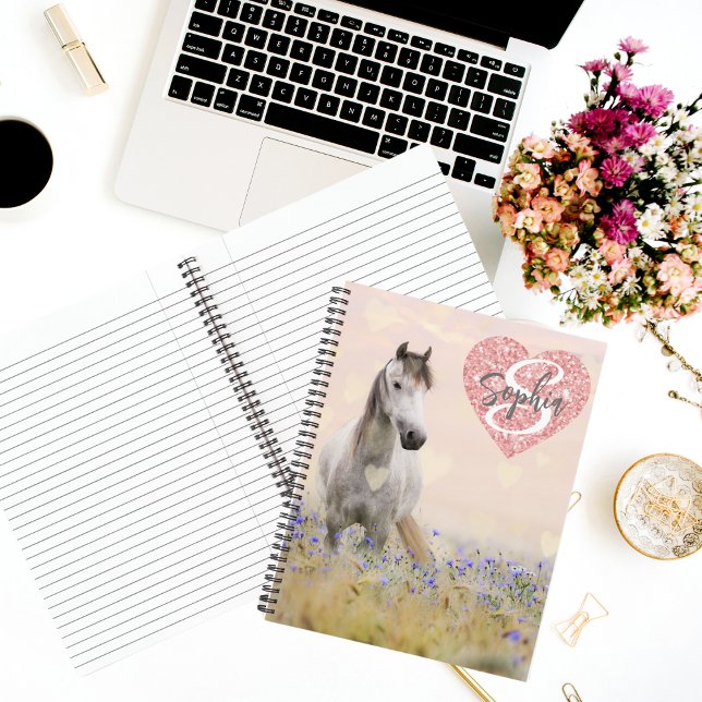 Cute White Horse Purple Flower Monogram Notebook (Creator Uploaded)