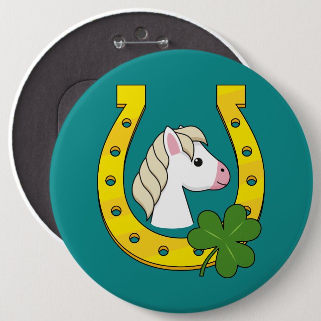 Cute White Horse w Golden Horse Shoe, Shamrock  6 Cm Round Badge (Front & Back)