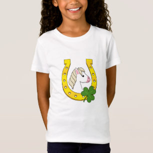 Cute White Horse w Golden Horse Shoe, Shamrock T-Shirt