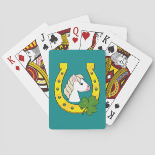 Cute White Horse w Golden Horse Shoe, Shamrocks  Playing Cards