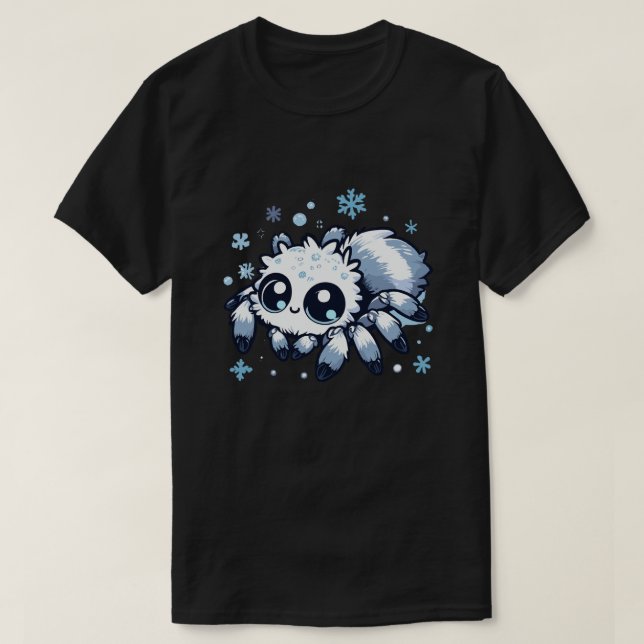 Cute white jumping spider in snowflakes T-Shirt (Design Front)