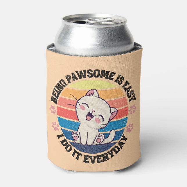 Cute white Kawaii cat Can Cooler (Can Front)
