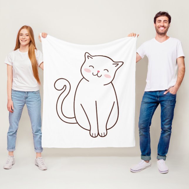 Cute White Kawaii Smiling Cat Fleece Blanket (In Situ)