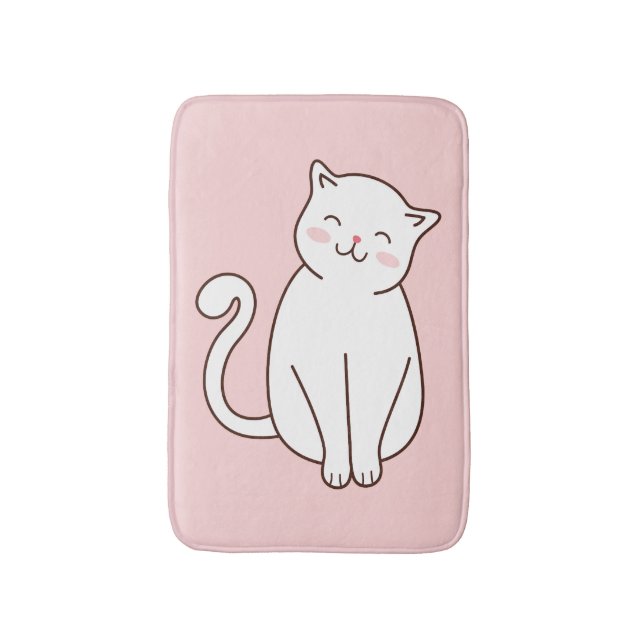Cute White Kawaii Smiling Cat Pink Bath Mat (Front Vertical)
