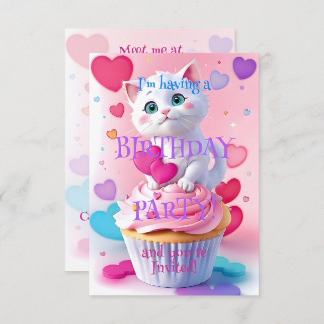 Cute White Kitten and Cupcake Girly Birthday Party Invitation (Front/Back)