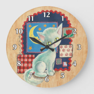 Cute White Kitten and Patchwork Large Clock