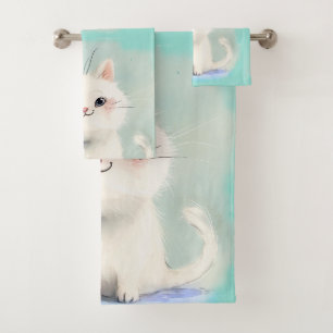 Cute White Kitten Bath Towel Set