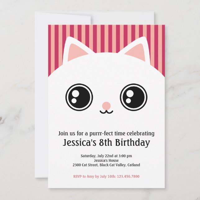 Cute White Kitten Cat Face Kids Birthday Invite (Front)