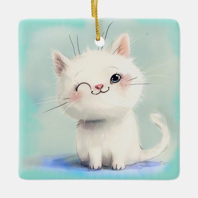 Cute White Kitten Ceramic Ornament (Front)