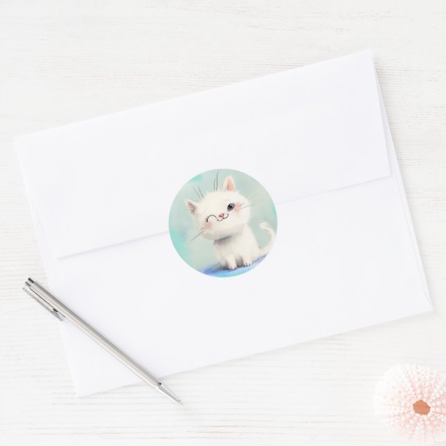 Cute White Kitten Classic Round Sticker (Envelope)