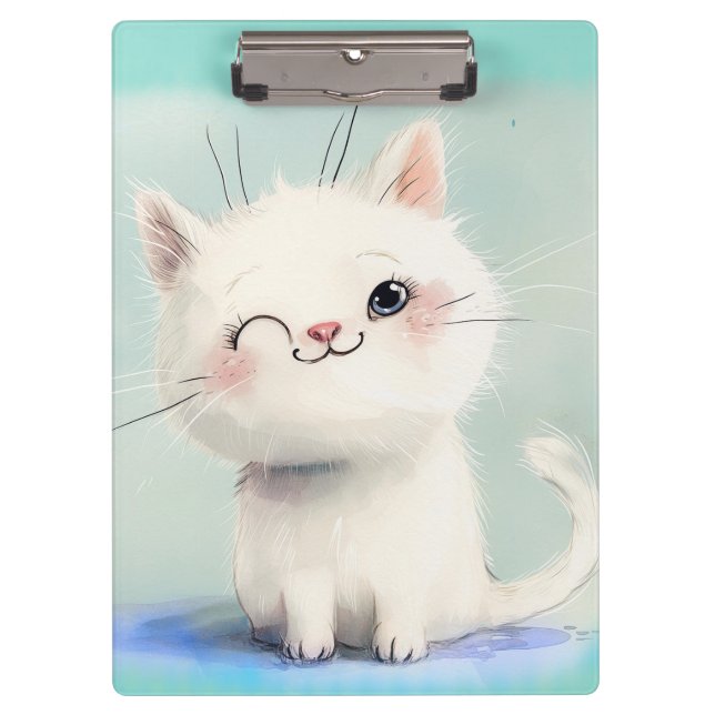 Cute White Kitten Clipboard (Front)