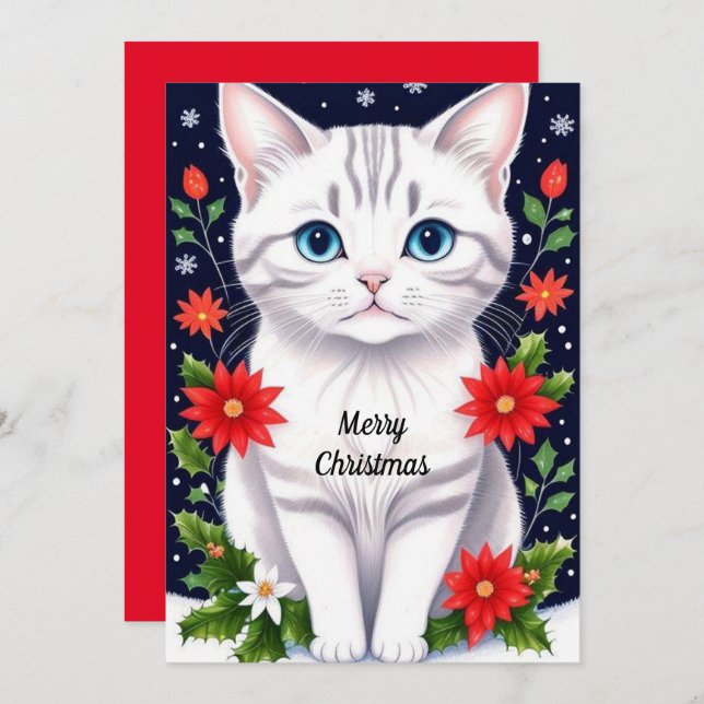 Cute White Kitten Flat Holiday Card (Front/Back)
