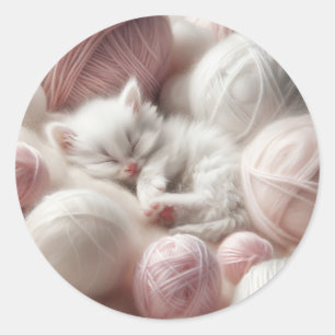 Cute White Kitten Napping in Yarn Classic Round Sticker