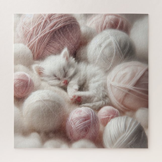 Cute White Kitten Napping in Yarn Jigsaw Puzzle (Vertical)
