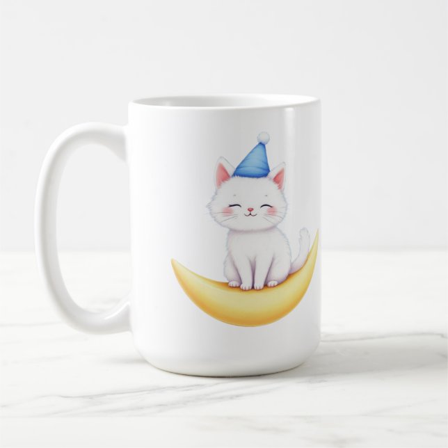 Cute White Kitten on Moon Mug (Left)